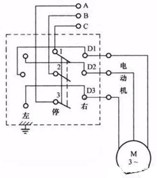 倒順開關控制電機正反轉電路接線圖