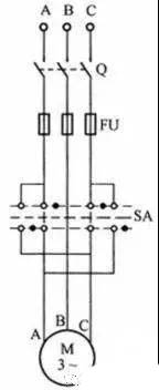 旋轉開關控制電機正反轉電路接線圖
