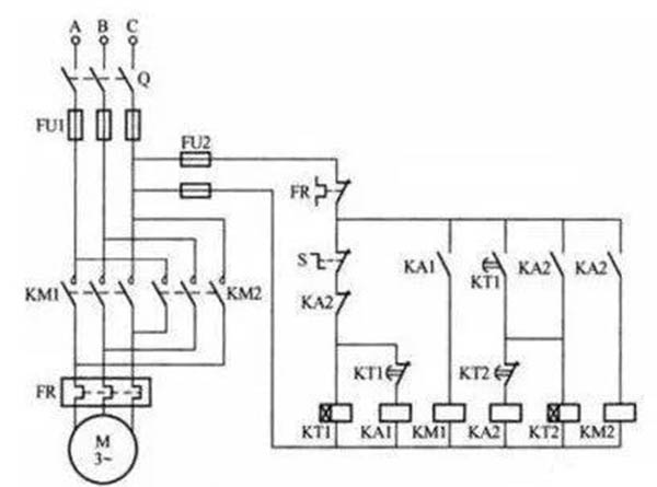 電機正反轉，限時自動往返(時間繼電器)控制電路接線圖